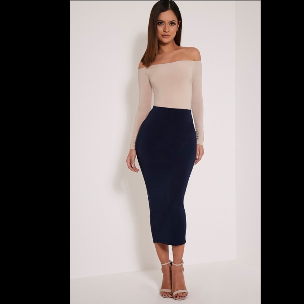 Navy slinky long line midi skirt